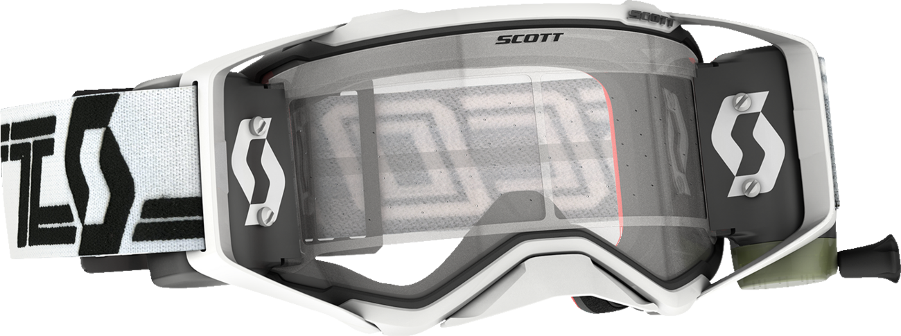 Scott Prospect Super WFS motocross goggles in white and black with clear lenses, featuring adjustable strap and protective frame.