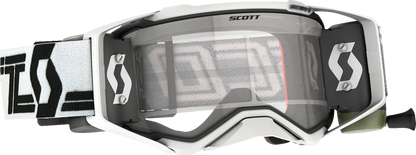 Scott Prospect Super WFS motocross goggles in white and black with clear lenses, featuring adjustable strap and protective frame.