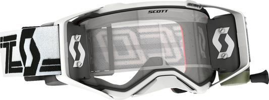 Scott Prospect Super WFS motocross goggles in white and black with clear lenses, featuring adjustable strap and protective frame.