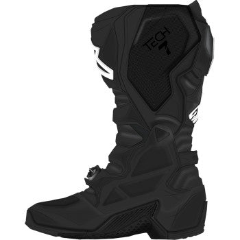 Alpinestars Tech 7 motorcycle boots in black with sturdy design, side closures, and protective features for riding comfort and safety.