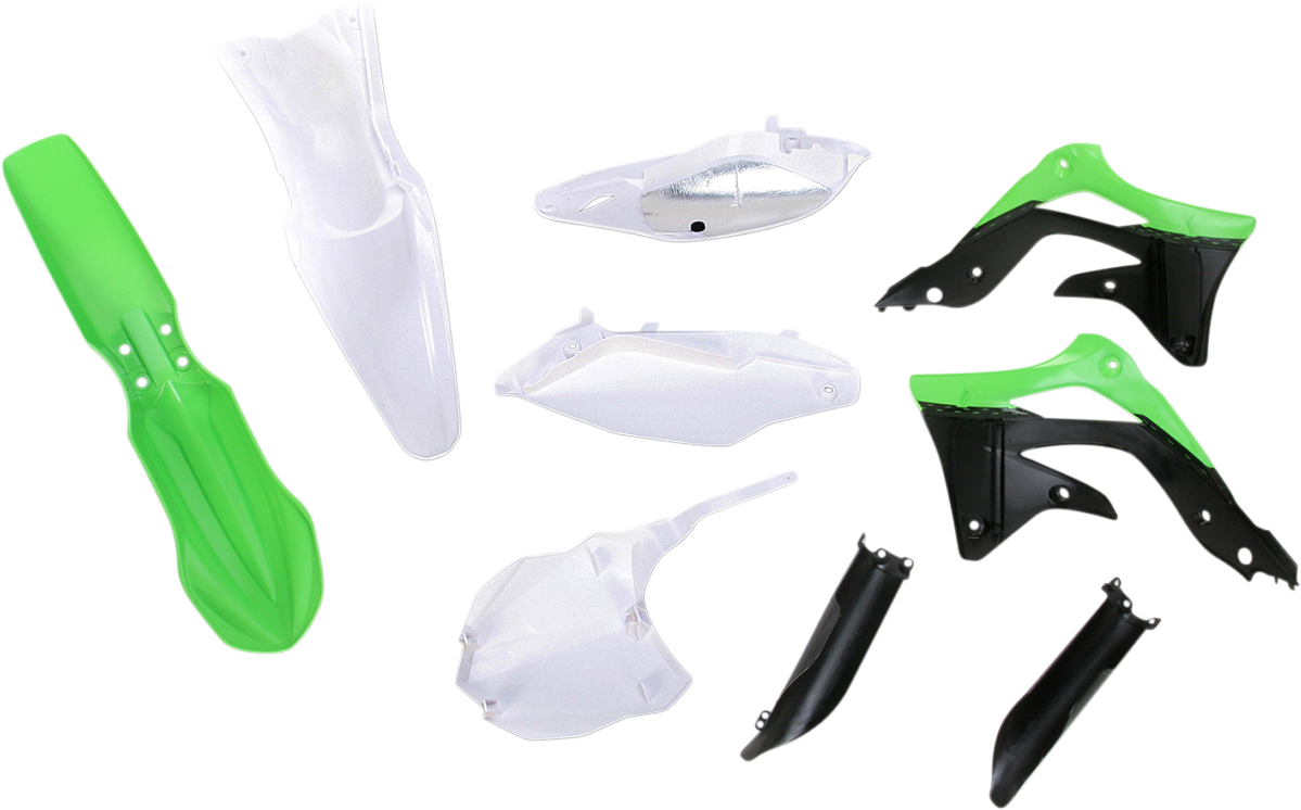 Acerbis full motorcycle body kit in white, black, and green with OEM design, displayed on a white background.