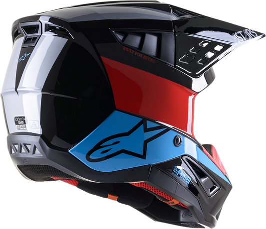 Alpinestars SM5 motorcycle helmet in black, red, and cyan with a medium size, featuring a sleek design and aerodynamic shape.