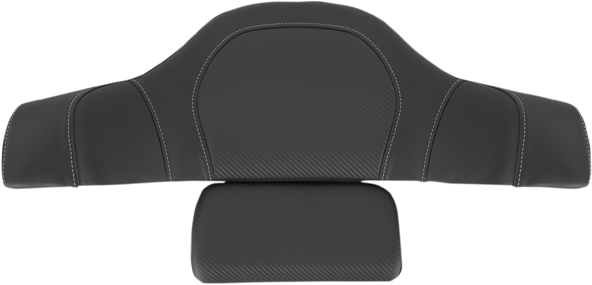 Black carbon fiber SADDLEMEN Tour-Pak backrest pad cover for Indian bikes, designed for seat comfort and style.