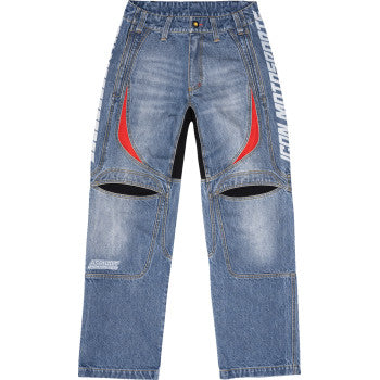 Blue ICON Hooligan Jeans by Bill's Exhausts, US 36, displayed folded with visible stitching and classic denim texture.