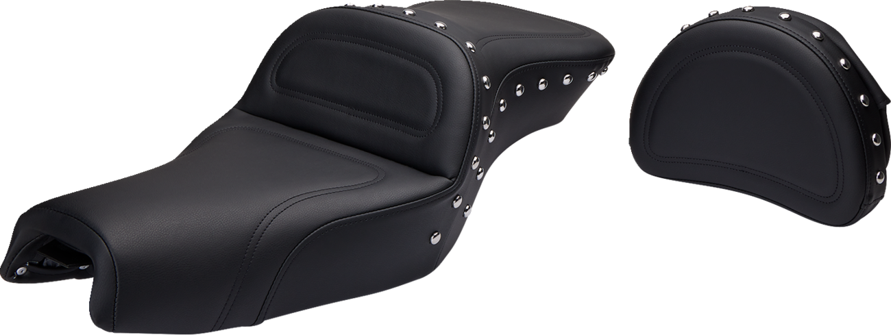 Bill's Exhausts SADDLEMEN Explorer Special Seat with backrest for XL models 2004-2020, showing the padded seat and backrest design.