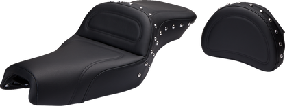 Bill's Exhausts SADDLEMEN Explorer Special Seat with backrest for XL models 2004-2020, showing the padded seat and backrest design.