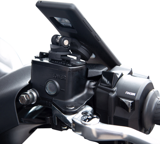 Black SP CONNECT Brake Phone Mount by Bill's Exhausts attached to a bike handlebar for secure smartphone holding.