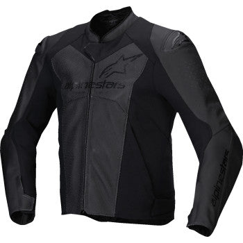 Black Alpinestars Faster v3 Airflow leather motorcycle jacket with protective armor, displayed on a plain background.