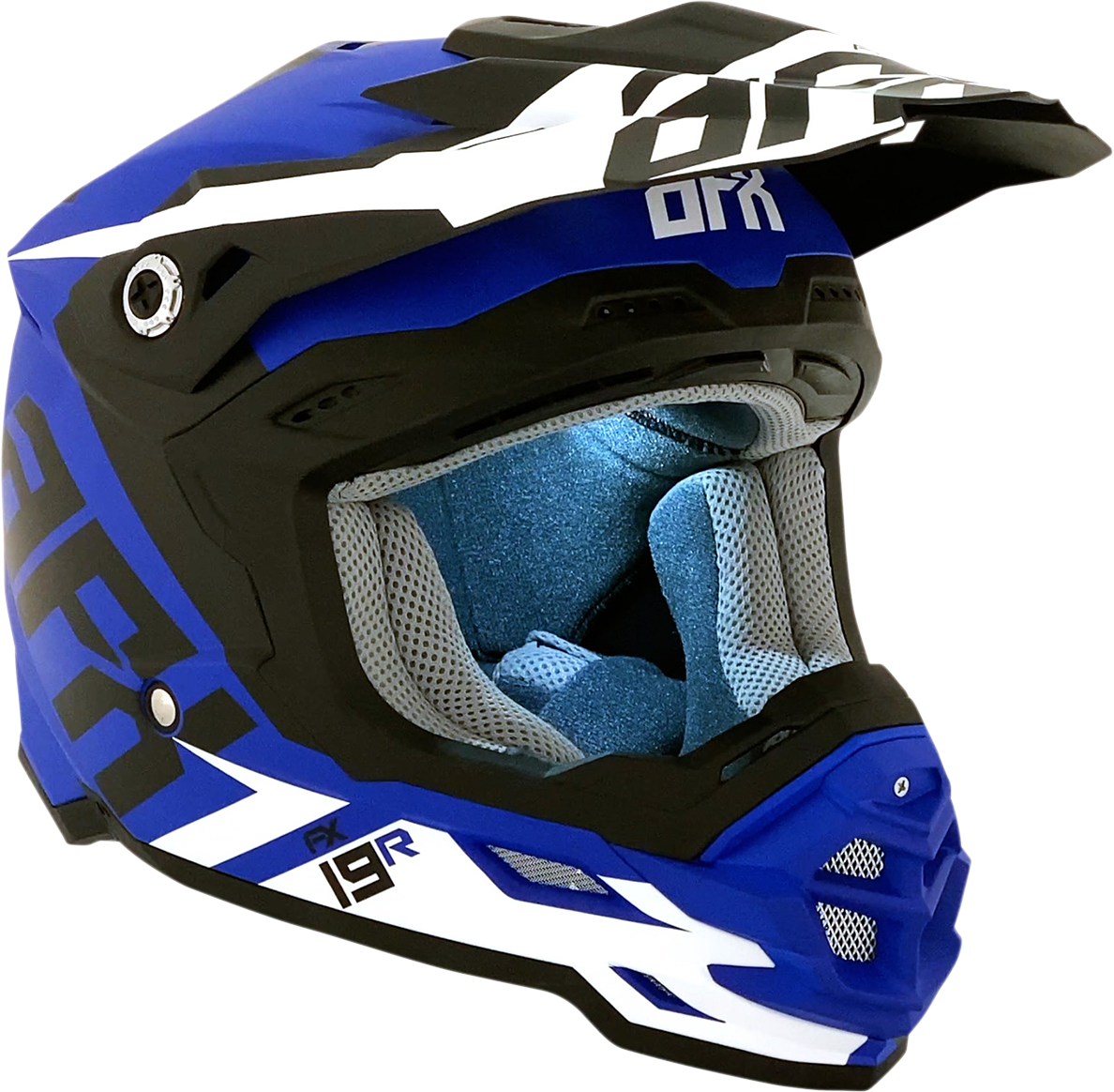 Matte blue AFX FX-19R racing helmet with a sleek design, medium size, featuring aerodynamic vents and a clear visor.