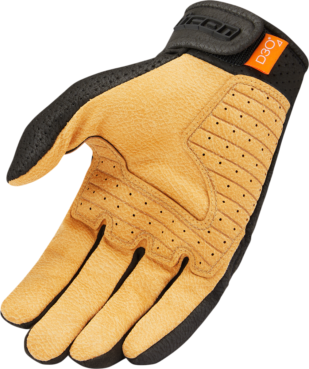 Black and tan ICON Airform™ gloves in large size, featuring protective design and durable materials for motorcycle riding.