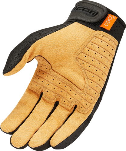 Black and tan ICON Airform™ gloves in large size, featuring protective design and durable materials for motorcycle riding.