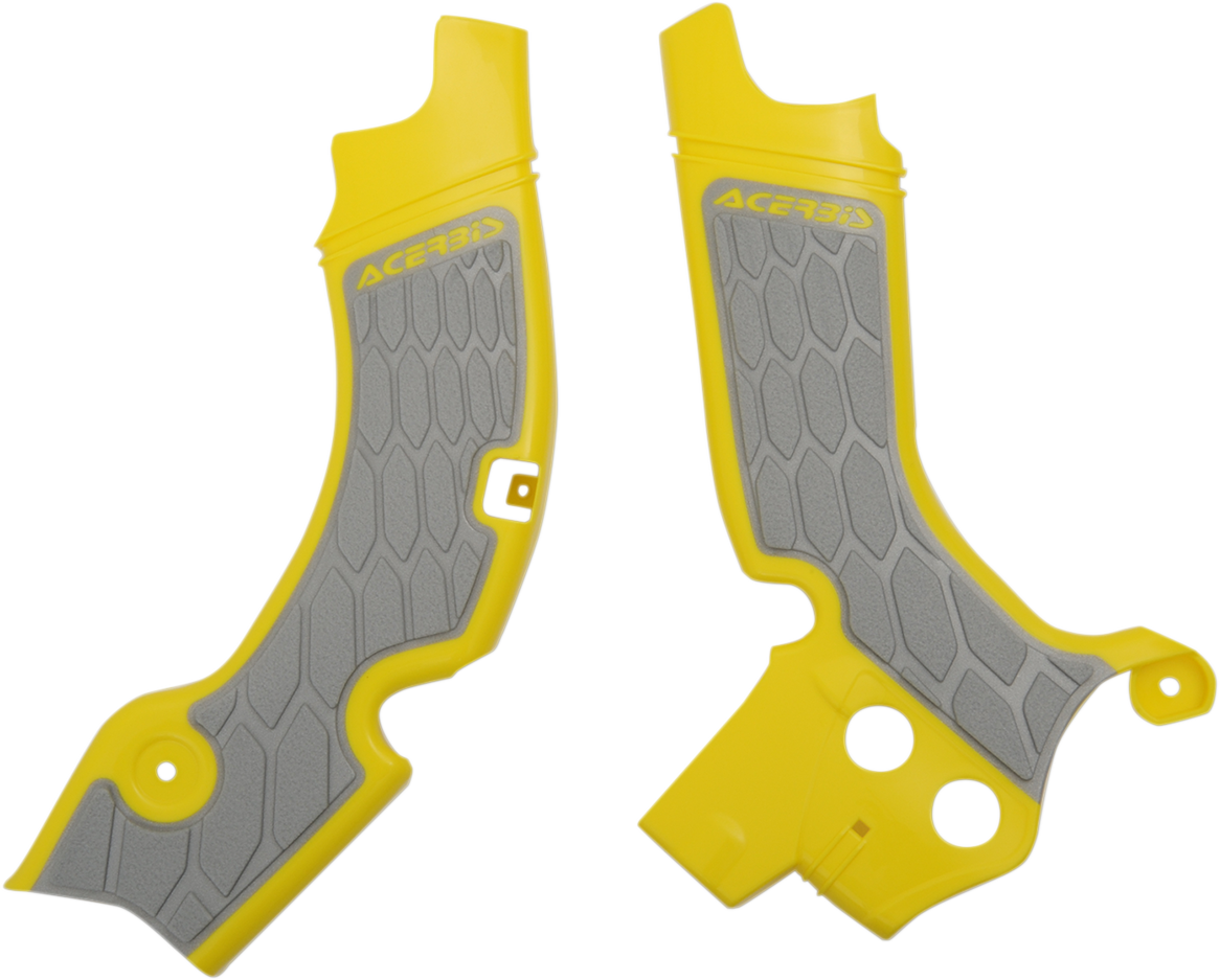 Gray and yellow Acerbis X-Grip frame guards for motorcycle body protection, designed for durability and style.