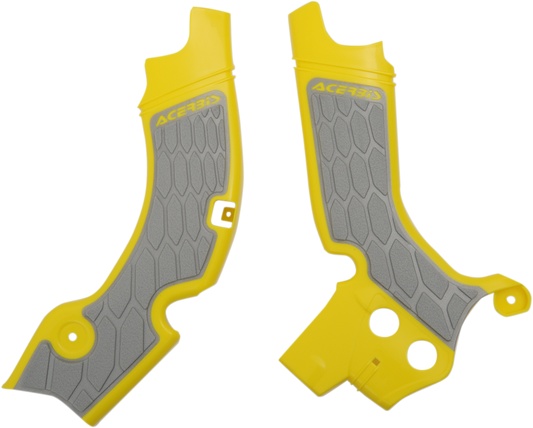 Gray and yellow Acerbis X-Grip frame guards for motorcycle body protection, designed for durability and style.