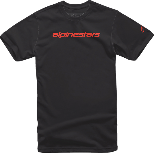 Black and warm red ALPINESTARS Linear Wordmark T-Shirt with logo print, medium size, casual fit, made by Bill's Exhausts.