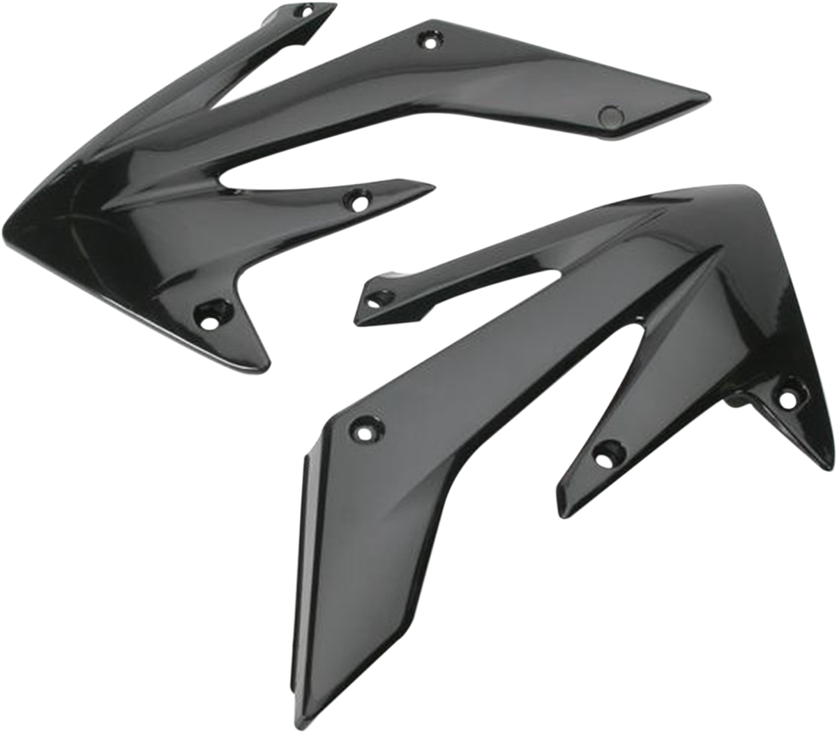 Acerbis radiator shrouds in black, designed for motorcycle body protection, featuring sleek contours and branding details.