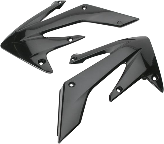 Acerbis radiator shrouds in black, designed for motorcycle body protection, featuring sleek contours and branding details.