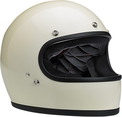 BILTWELL Gringo helmet in gloss vintage white, XS size, featuring a classic open-face motorcycle helmet with chin strap.