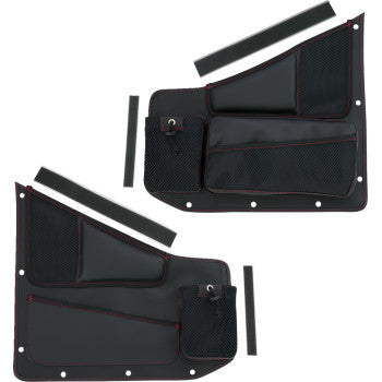 Bill's Exhausts SHOW CHROME Kaliber Side Organizer for motorcycle, black with red stitching, fits driver and passenger sides.