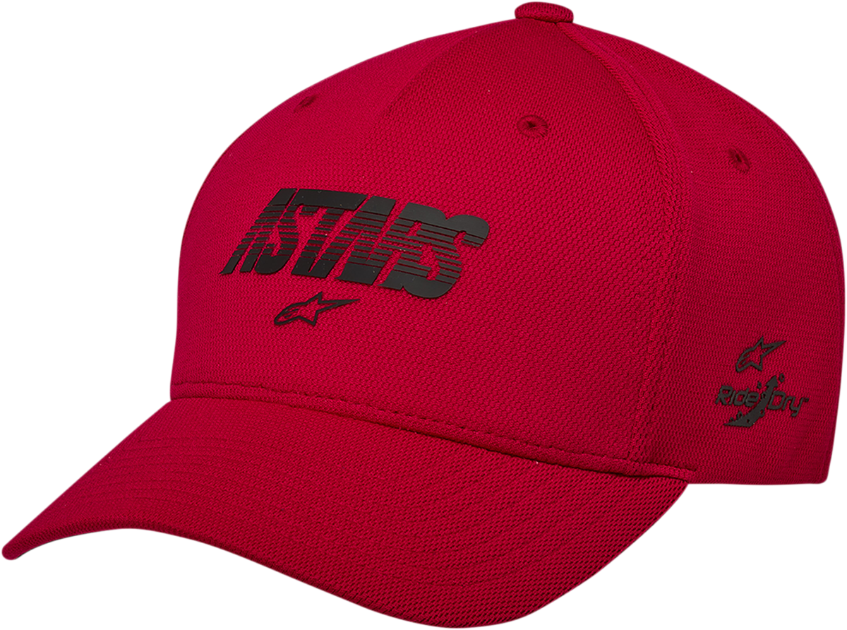 Red ALPINESTARS Angle Velo Tech hat with adjustable strap, featuring bold branding and sporty design.