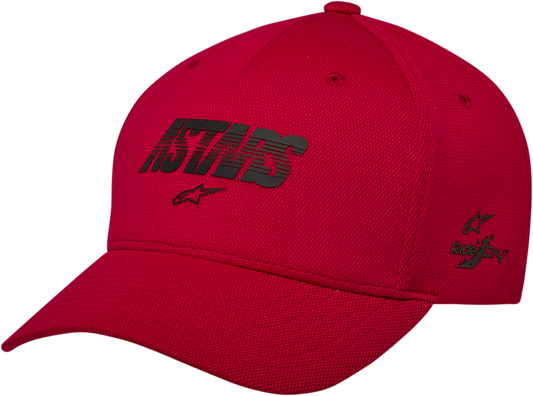 Red ALPINESTARS Angle Velo Tech hat with adjustable strap, featuring bold branding and sporty design.