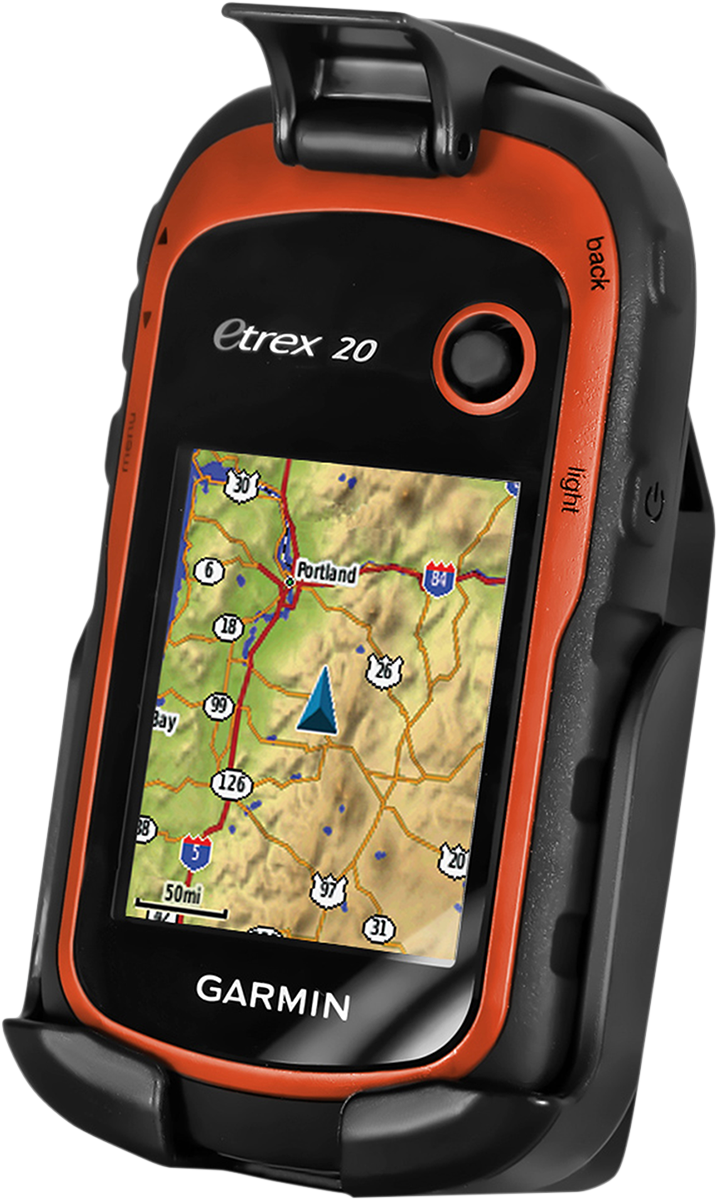 Garmin eTrex device cradle from RAM Mounts, designed for engine mounting, shown in a close-up image.