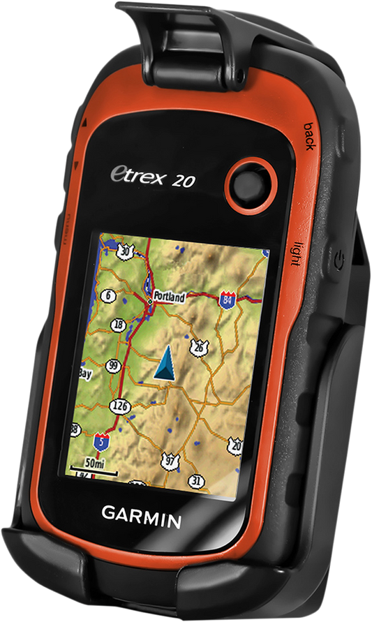 Garmin eTrex device cradle from RAM Mounts, designed for engine mounting, shown in a close-up image.
