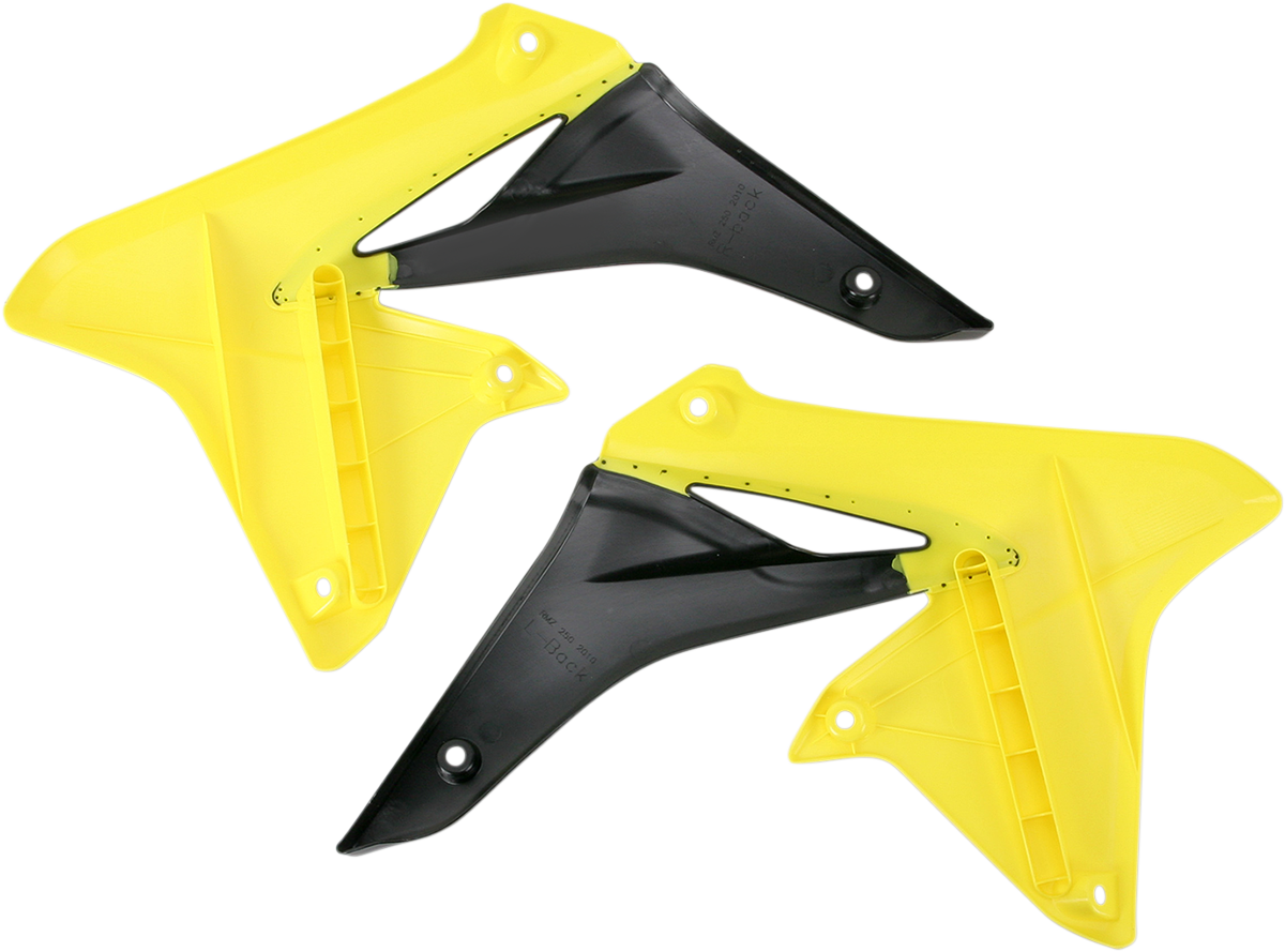Yellow and black Acerbis radiator shrouds for motocross bikes, with a sleek, aerodynamic body design and brand-specific details.