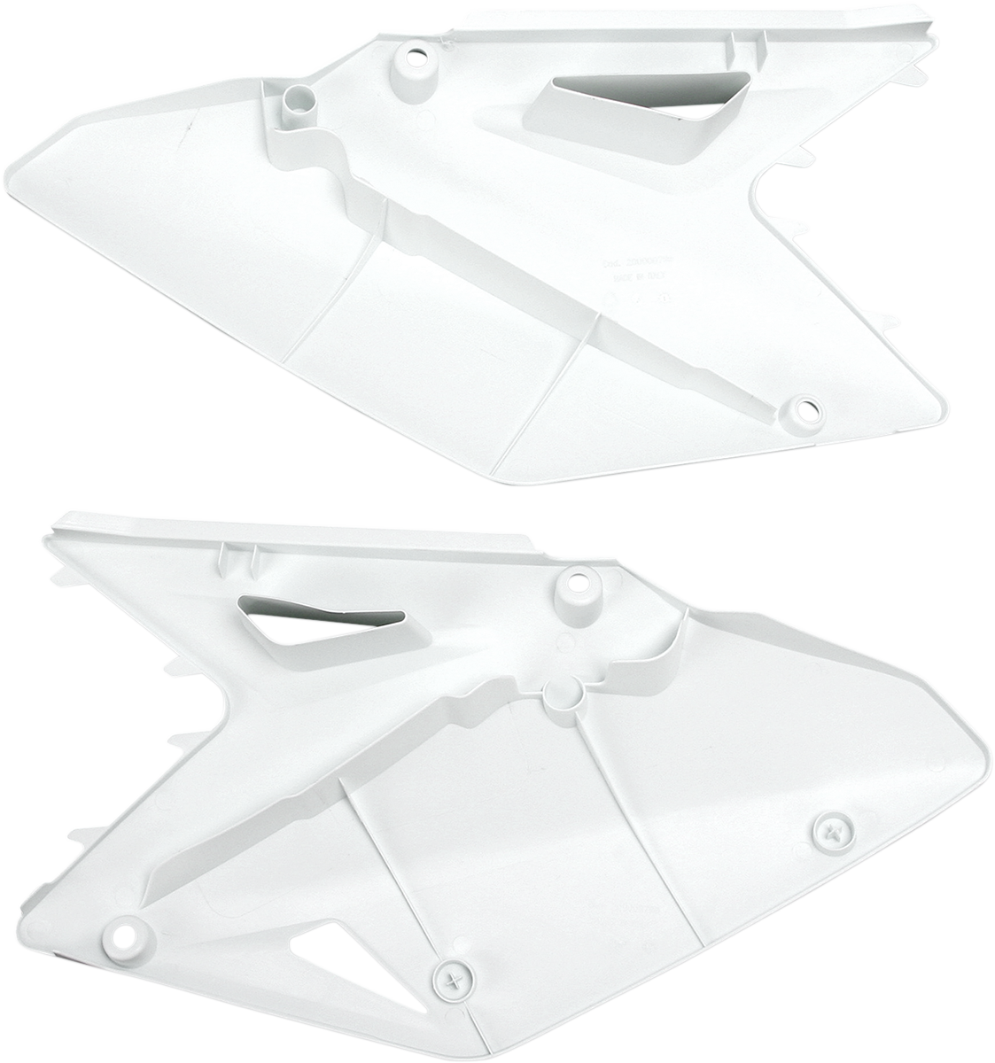 Acerbis white side panels for motorcycle body, featuring sleek design with brand branding visible, designed for easy installation.