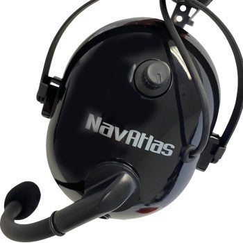 Bill's Exhausts NAVATLAS black over-the-head stereo and VOX headset with adjustable headband and cushioned ear cups.