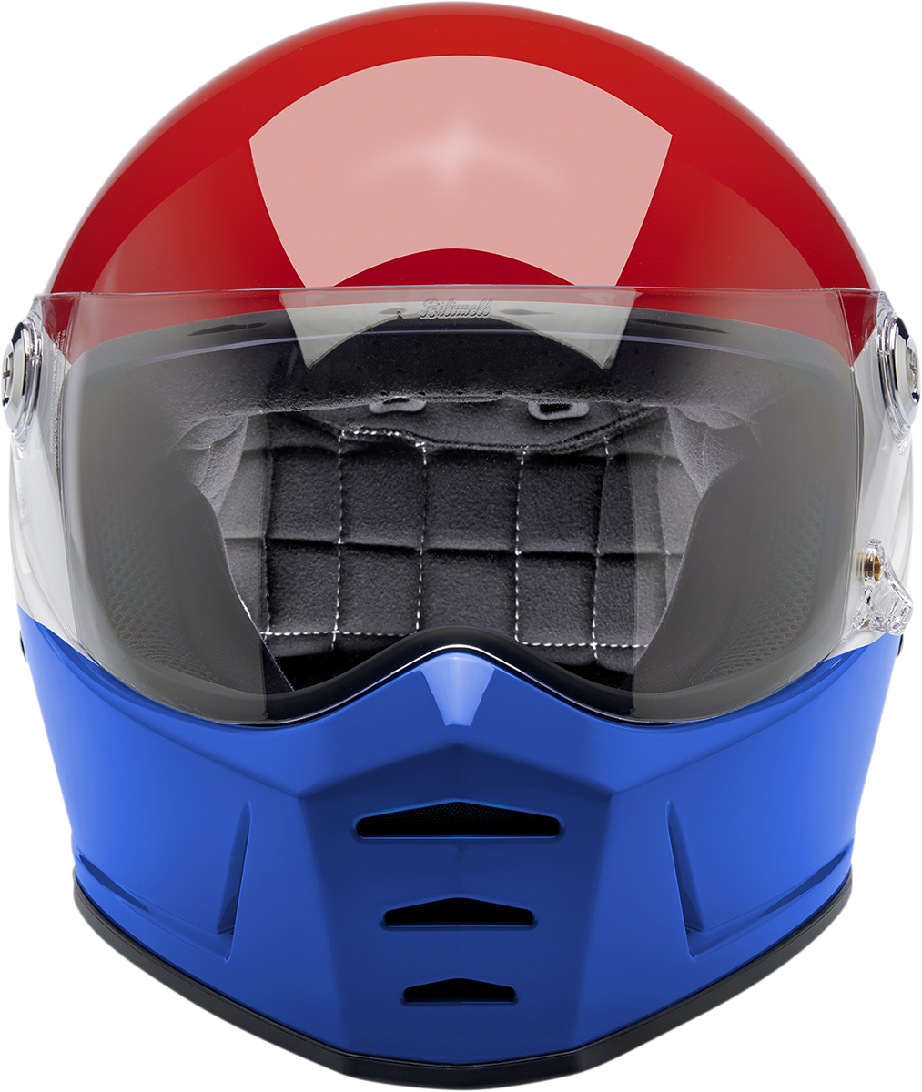 BILTWELL Lane Splitter helmet in gloss Podium Red, white, and blue with XS size, featuring sleek aerodynamic design and branding.