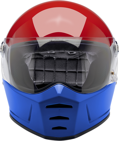 BILTWELL Lane Splitter helmet in gloss Podium Red, white, and blue with XS size, featuring sleek aerodynamic design and branding.