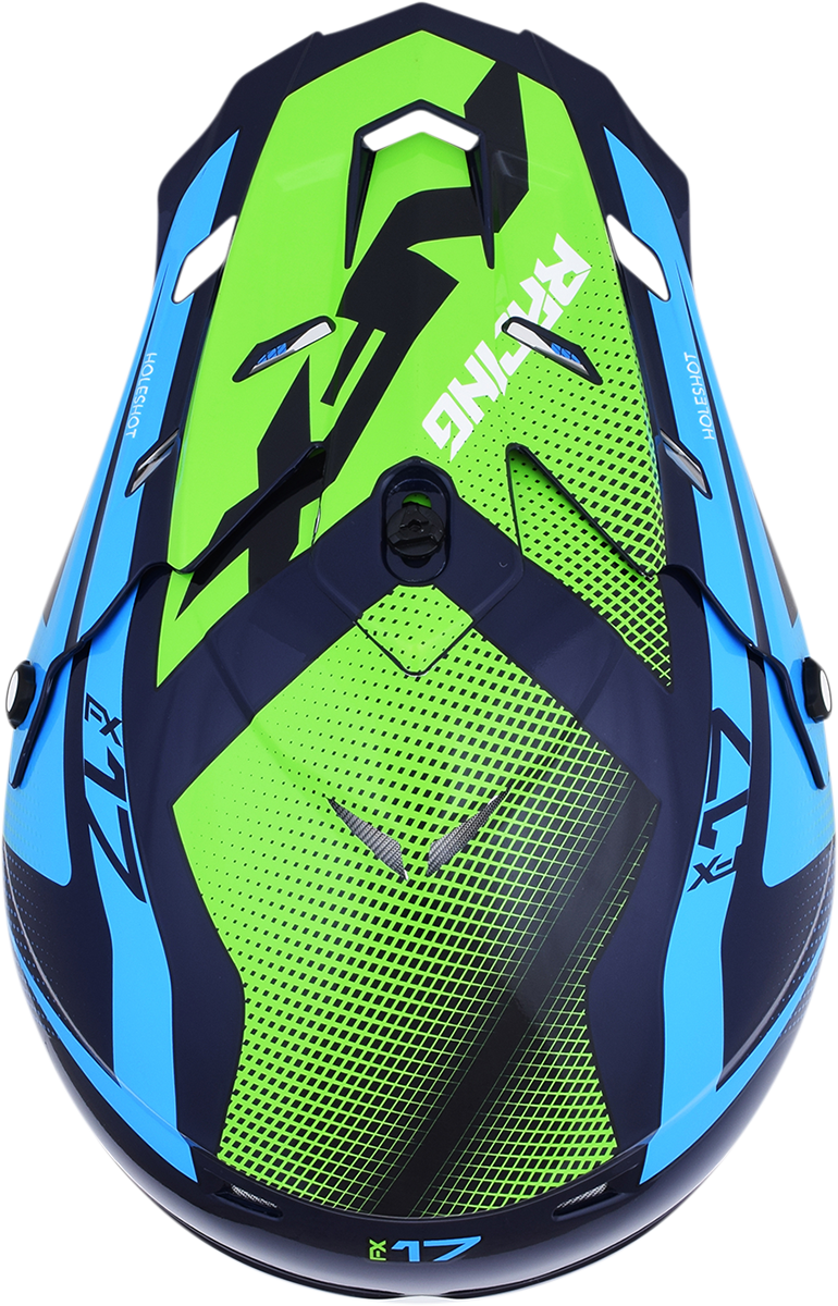 Navy blue, green, and blue AFX FX-17/FX-17Y Peak helmet with holeshot design from Bill's Exhausts.