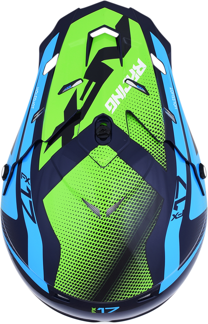 Navy blue, green, and blue AFX FX-17/FX-17Y Peak helmet with holeshot design from Bill's Exhausts.