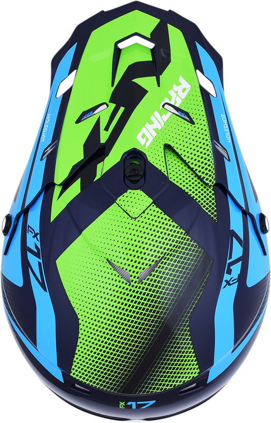 Navy blue, green, and blue AFX FX-17/FX-17Y Peak helmet with holeshot design from Bill's Exhausts.