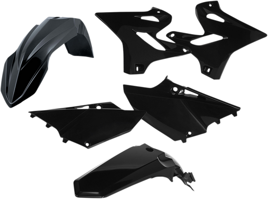 A black Acerbis standard replacement body kit for motorcycles, featuring sleek panels and aerodynamic design.