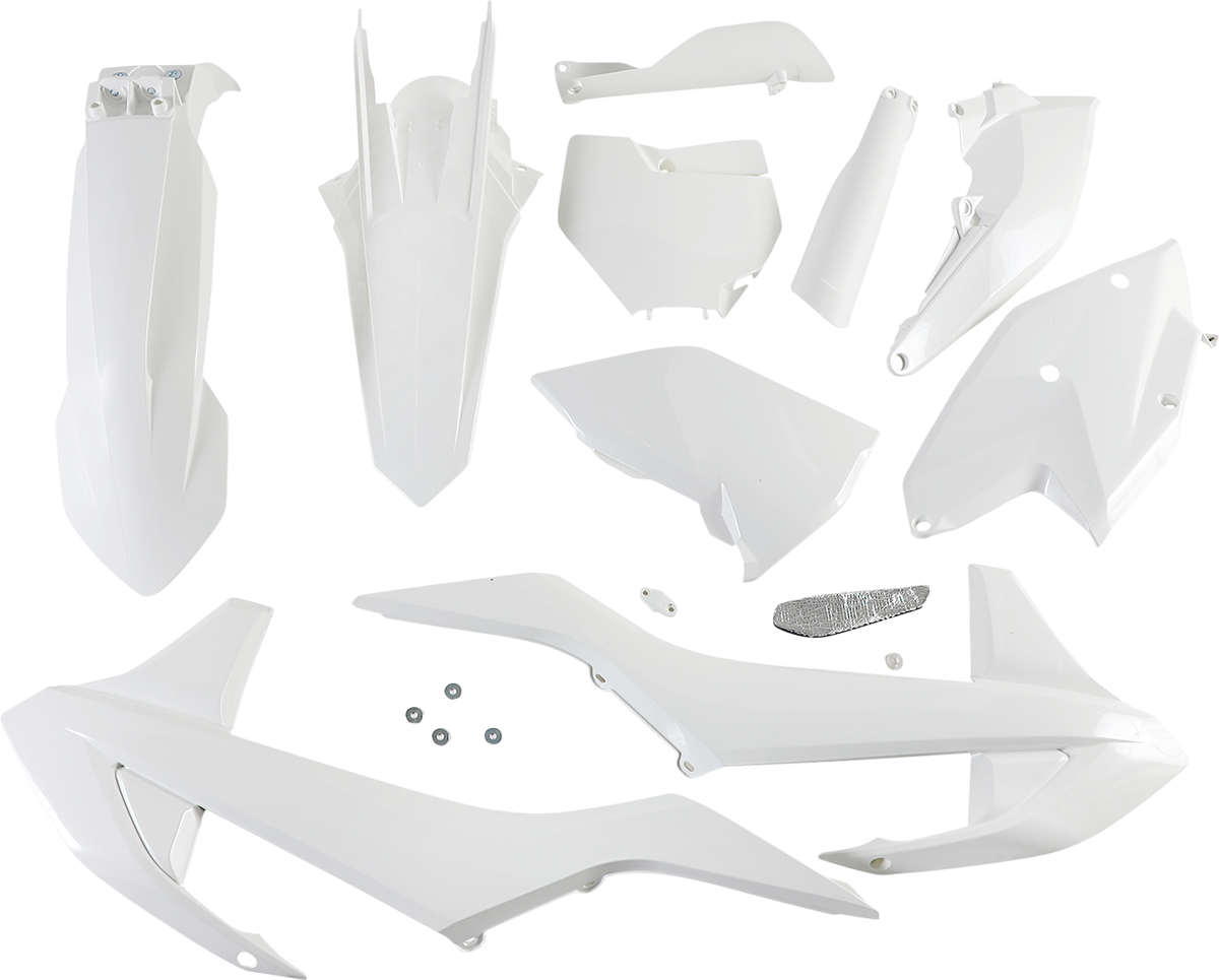 A white Acerbis full replacement body kit for motorcycles, featuring streamlined panels and smooth finish, designed for a sleek look.