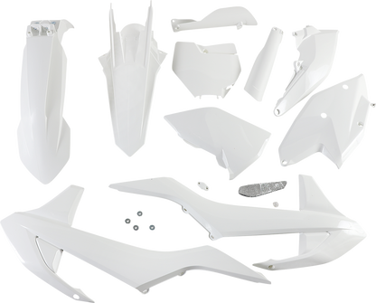 A white Acerbis full replacement body kit for motorcycles, featuring streamlined panels and smooth finish, designed for a sleek look.