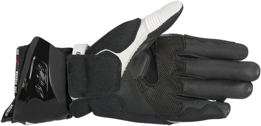 Alpinestars Supertech motorcycle gloves in black and white, 3XL size, featuring protective design and high-performance materials.