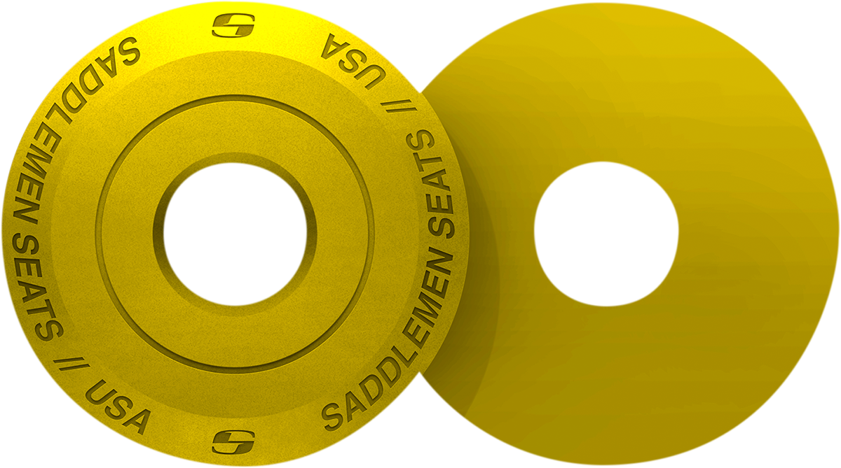 Yellow SADDLEMEN Fender Seat Washer for seats by Bill's Exhausts, shown on a motorcycle seat with a vibrant yellow finish.