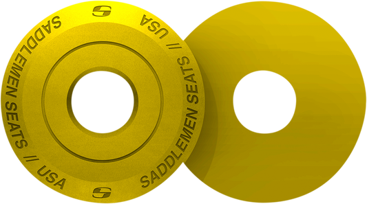 Yellow SADDLEMEN Fender Seat Washer for seats by Bill's Exhausts, shown on a motorcycle seat with a vibrant yellow finish.