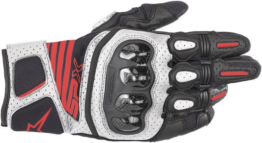 Alpinestars SPX AC V2 motorcycle gloves in black, white, and fluo red with protective knuckles and adjustable wrist strap.