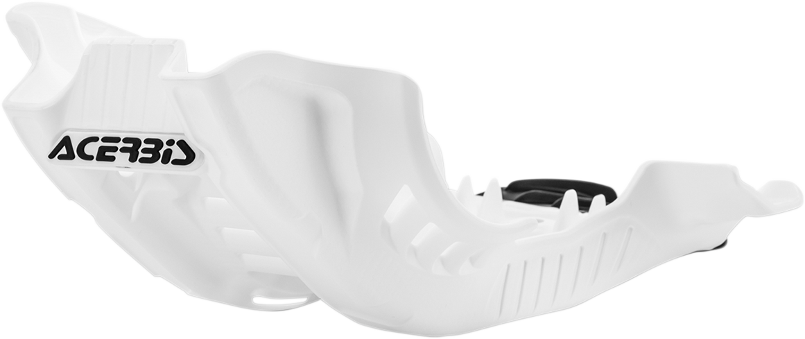Acerbis white and black skid plate for Husqvarna and KTM motorcycles, body protection part with mounting points visible.