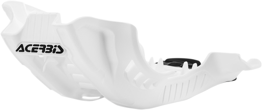 Acerbis white and black skid plate for Husqvarna and KTM motorcycles, body protection part with mounting points visible.