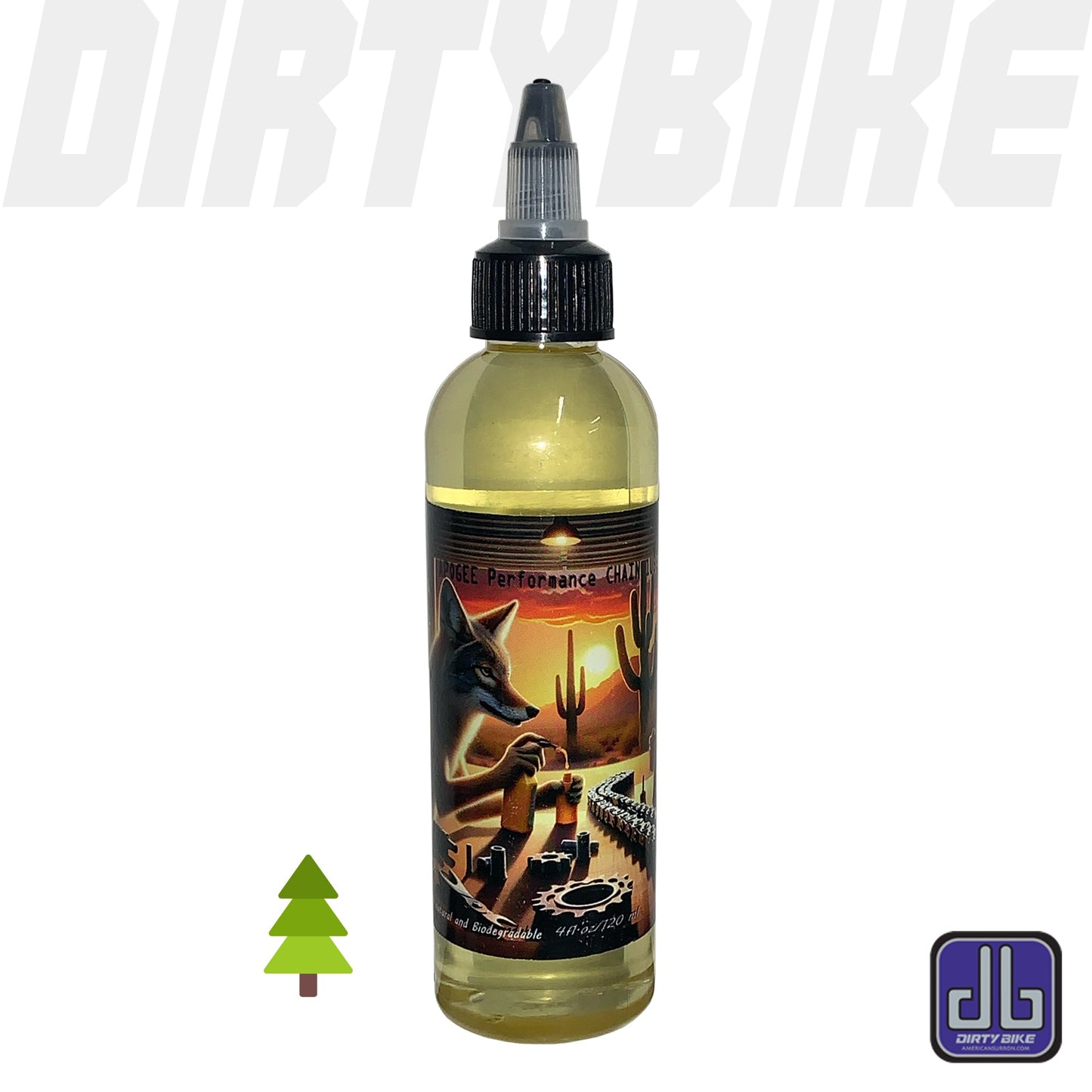 eDirtyBike Apogee Performance Chain Lube bottle with pine scent, designed for bike chains and lubrication.