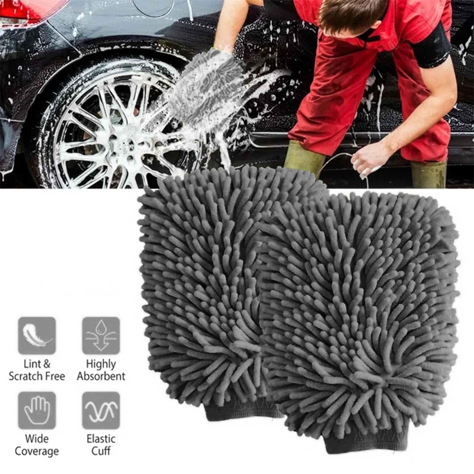 WASH&WHIPS Microfiber Chenille Car Cleaning Mitt - 2pk - Howling Moto