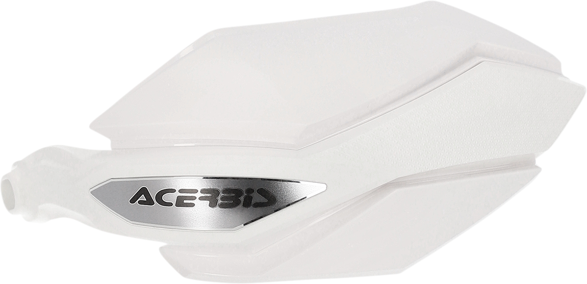 Acerbis Argon white handguards for motorcycle, mounted on handlebars, with protective body and brand logo visible.