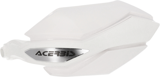 Acerbis Argon white handguards for motorcycle, mounted on handlebars, with protective body and brand logo visible.