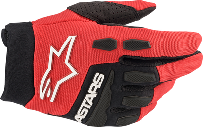 Alpinestars Youth Full Bore gloves in bright red and black, medium size, with protective knuckles and adjustable wrist strap.