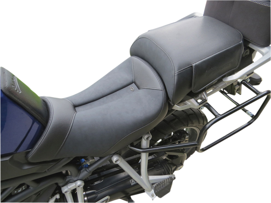 SADDLEMEN Adventure Seat Low for Tiger 1200 motorcycle, by Bill's Exhausts, shown on a motorcycle with a streamlined design