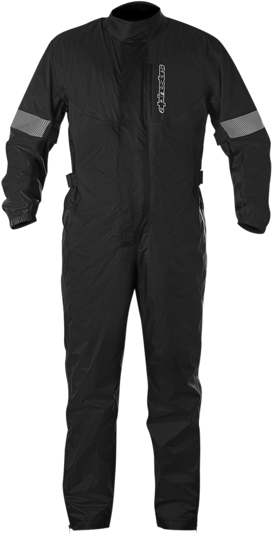 Black Alpinestars Hurricane Rainsuit in 2XL, waterproof jacket and pants set designed for motorcycle riding, with visible protective features.